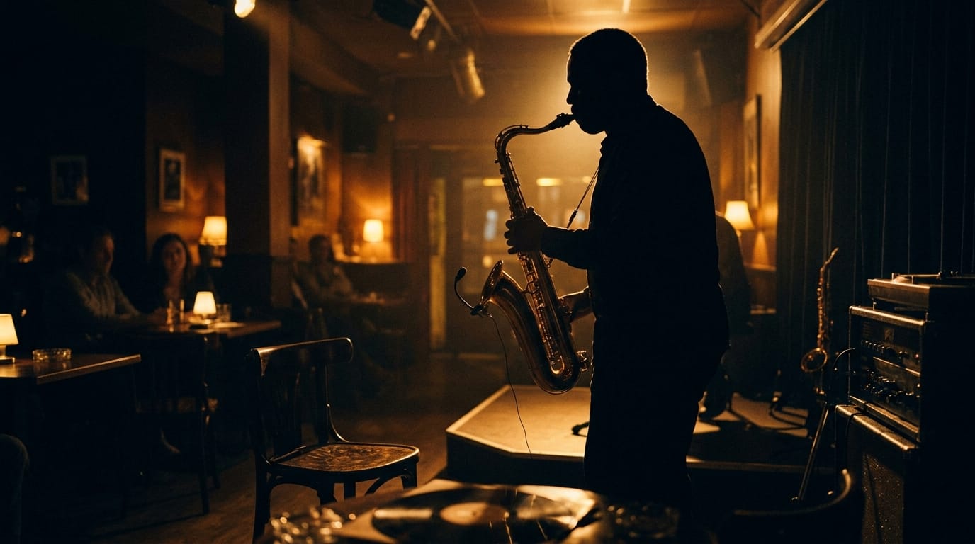 Small jazz ensemble on a club stage with piano, cornet, and bass in 1920s style