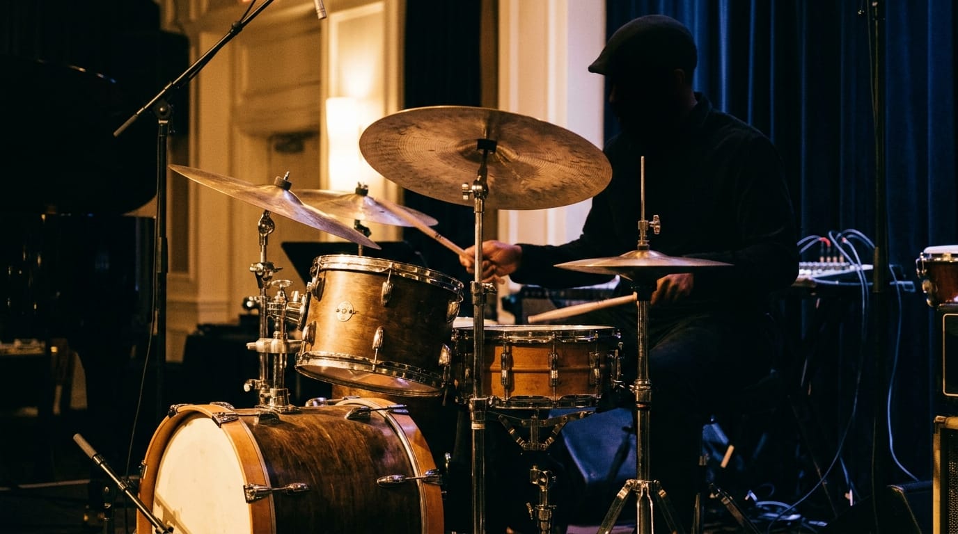 drum kit with cymbals and drums illuminated by warm stage lighting, drummer's silhouette