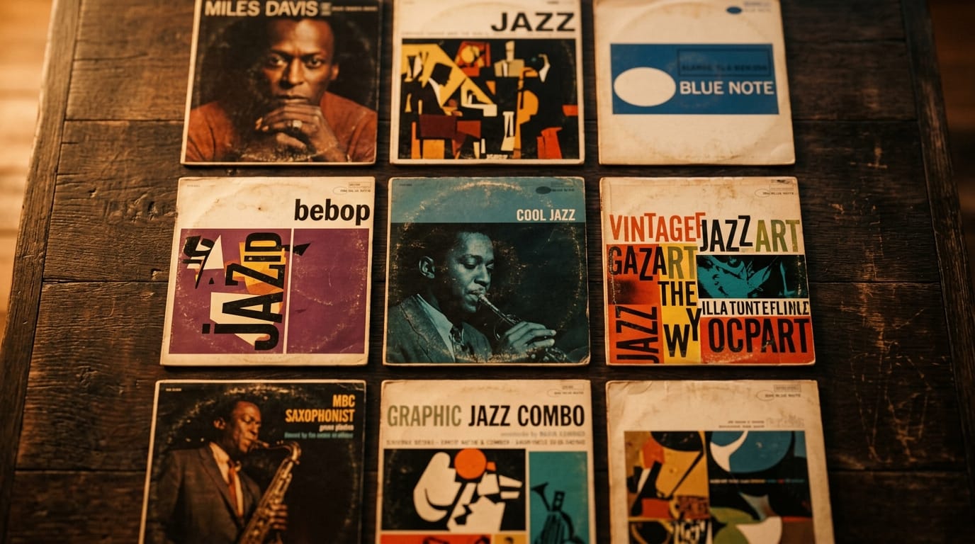 A grid of 9 vintage jazz album covers arranged on a wooden surface, featuring iconic blue note and Columbia records releases 