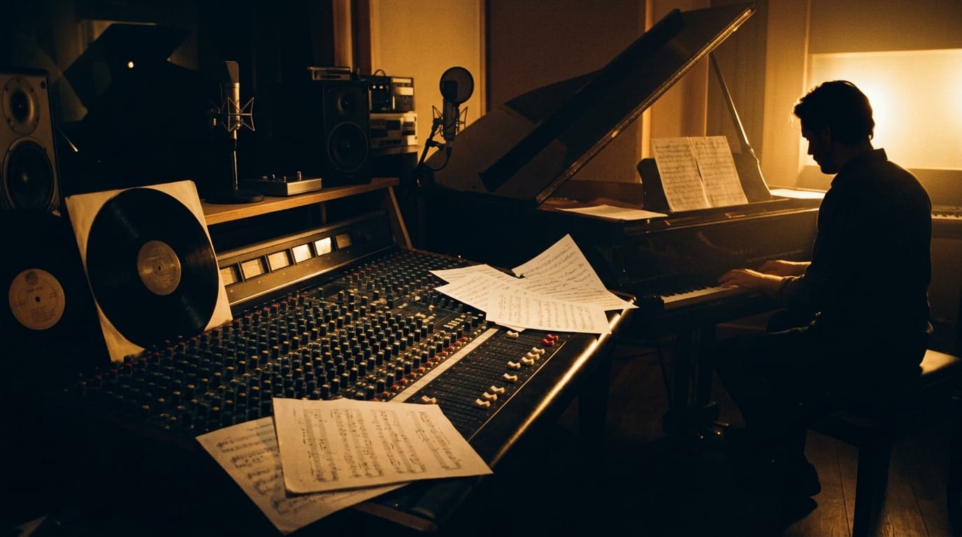 Film scoring studio with mixing console and sheet music in warm amber lighting