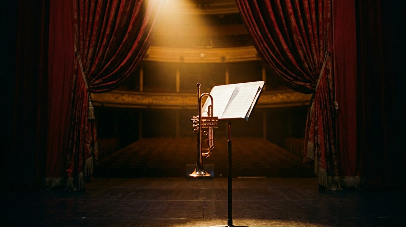 Trumpet on music stand on opera house stage with red curtain and spotlight