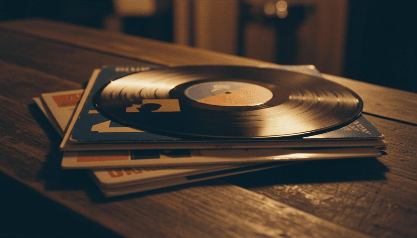 Stack of Blue Note jazz vinyl records on wooden surface with warm lighting