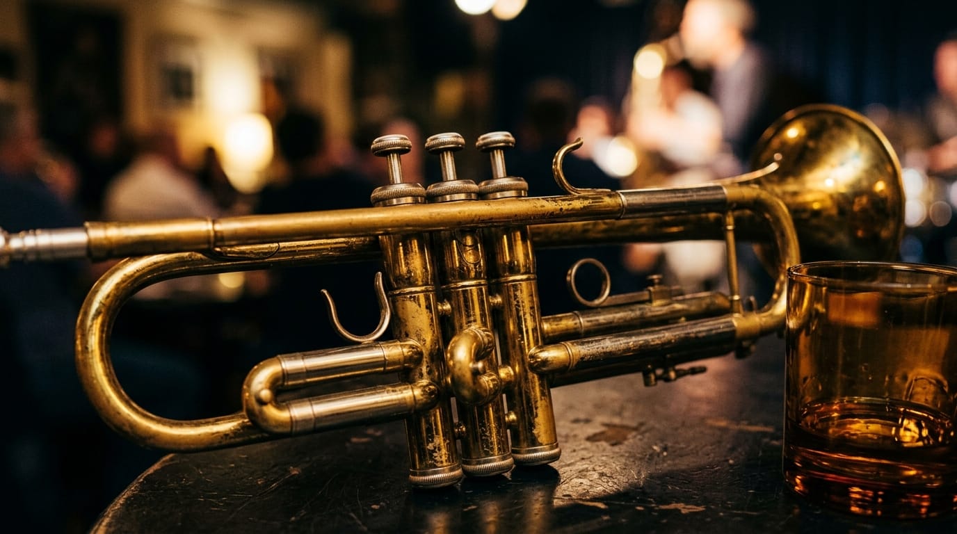 Golden brass trumpet with three valves on dark table, jazz club atmosphere with blurred audience