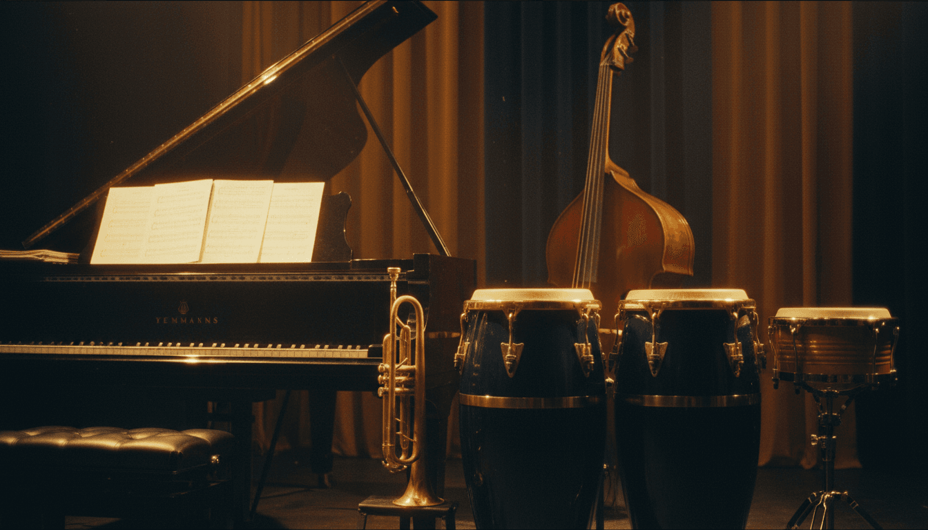 Cuban jazz ensemble instruments on stage with warm lighting