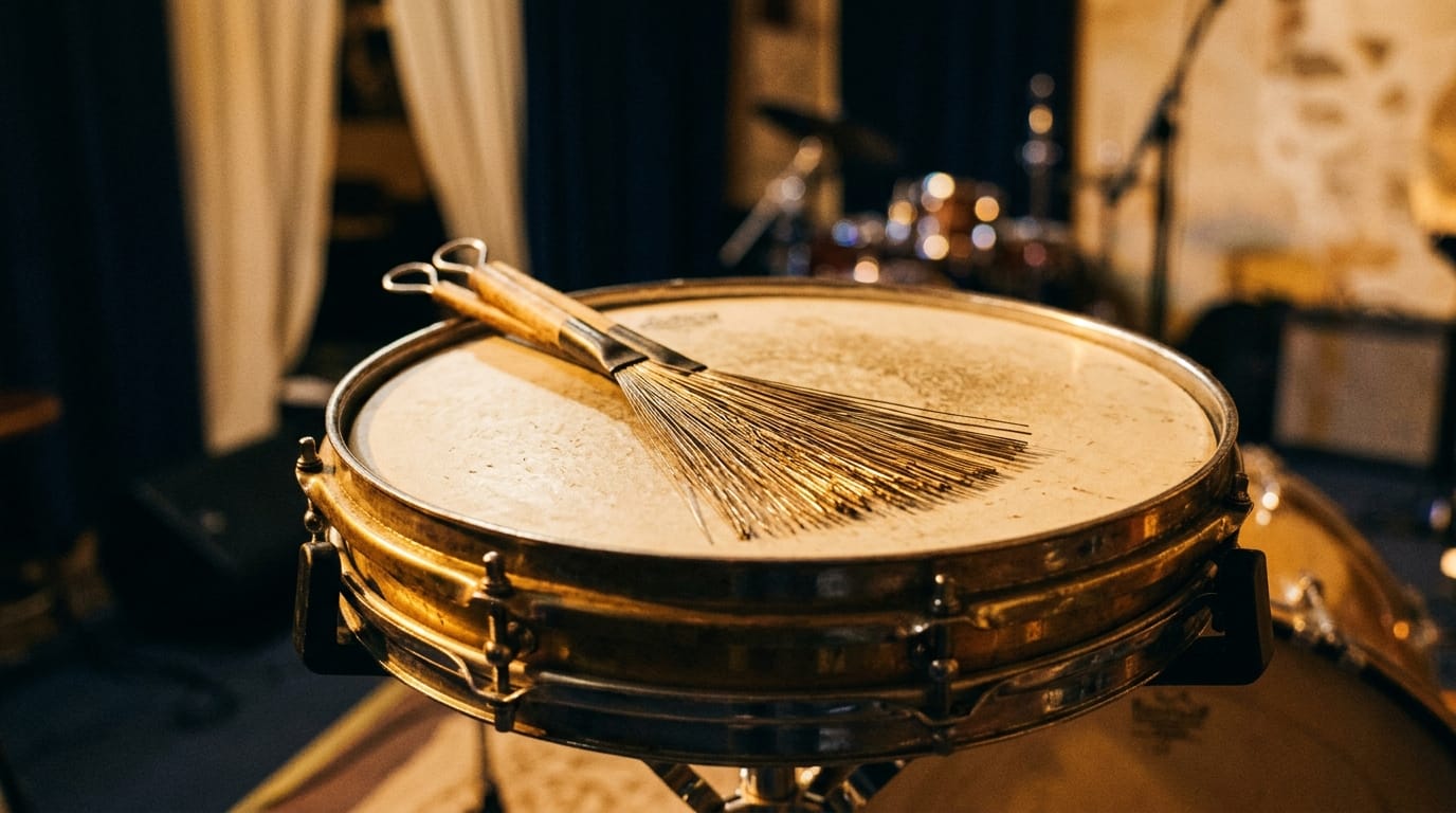 Jazz drum kit with brushes on snare drum, stage lighting and blurred background