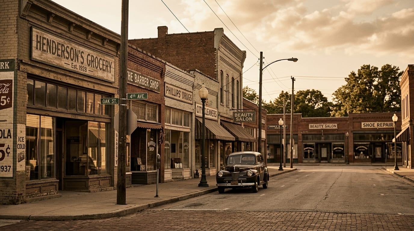 Vintage street scene showing brick storefronts including Henderson's Grocery and barber shop with period automobile parked on