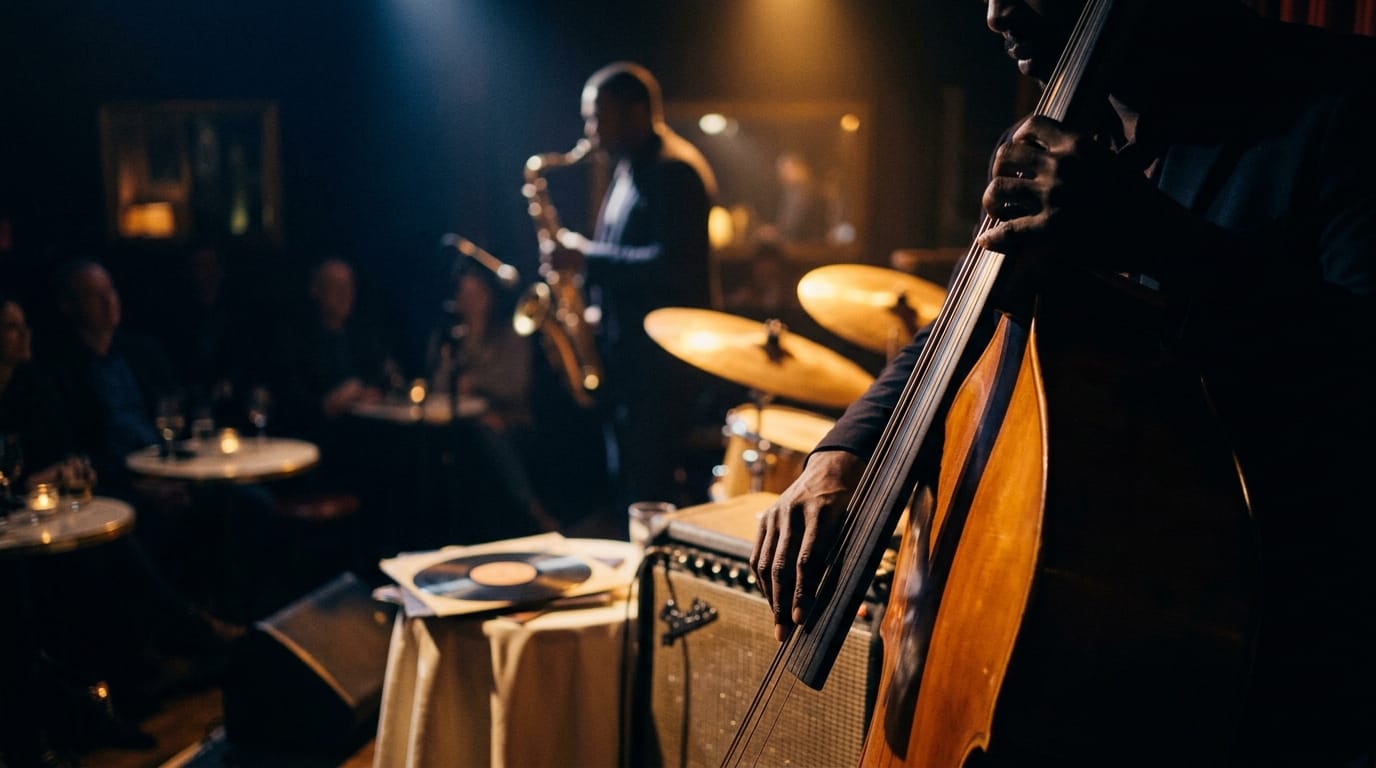 Upright bass player performs on stage with saxophone and drums visible in background during jazz performance