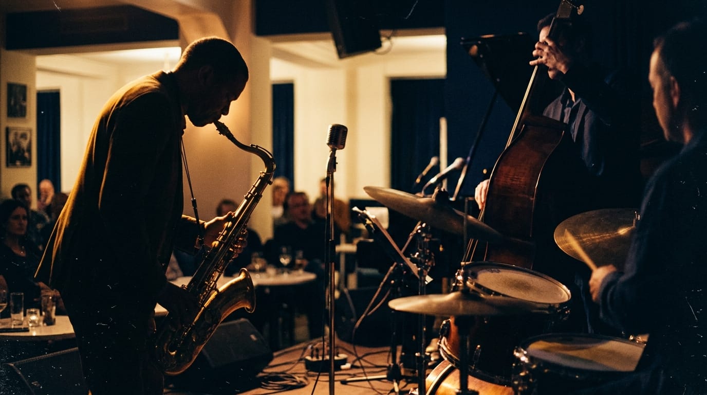 Saxophonist performing with drummer and bassist in intimate jazz club setting with warm lighting