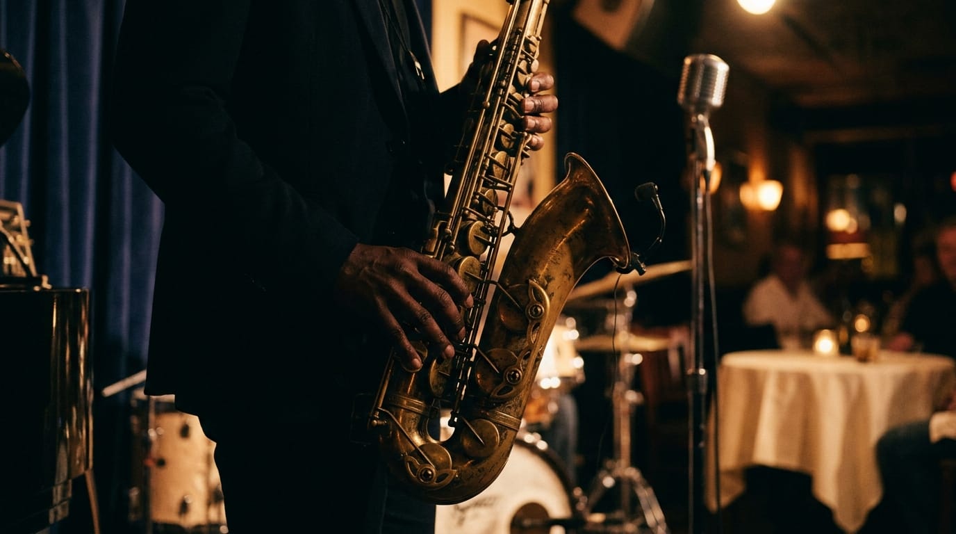 Saxophonist performing with instrument in warm stage lighting during jazz ensemble performance