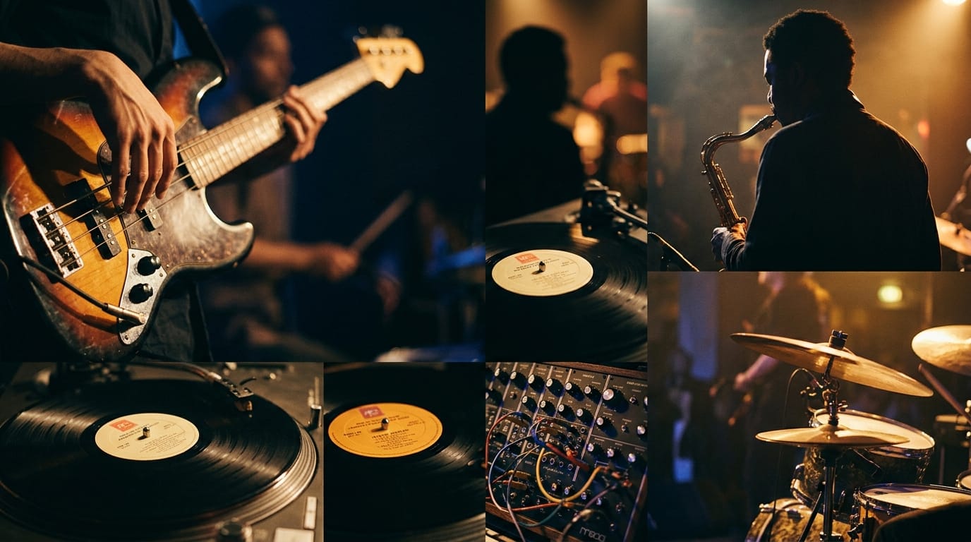 Collage of jazz musicians performing: bassist, saxophonist, drummer, vinyl records, and synthesizer in warm stage lighting