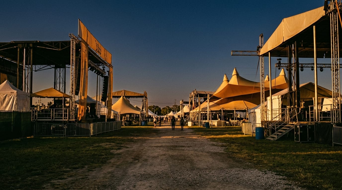 Outdoor jazz festival grounds with golden tent stages, metal scaffolding, and performance structures at sunset