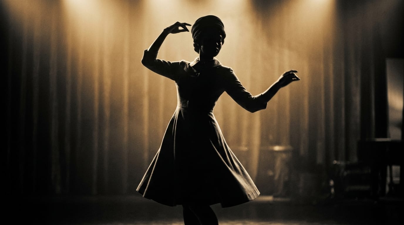 Silhouette of a woman in a flowing dress dancing with arms raised against golden light