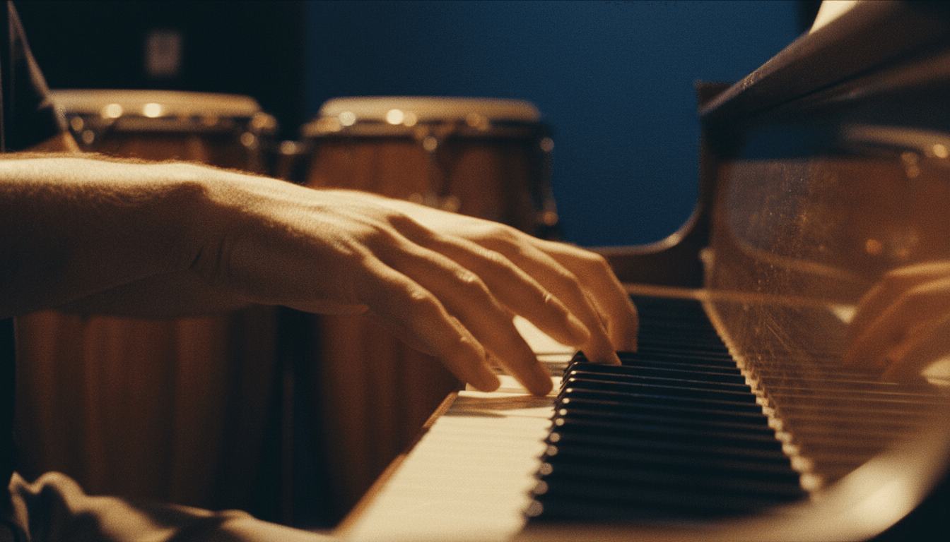 Close-up of hands playing piano keys with conga drums in background