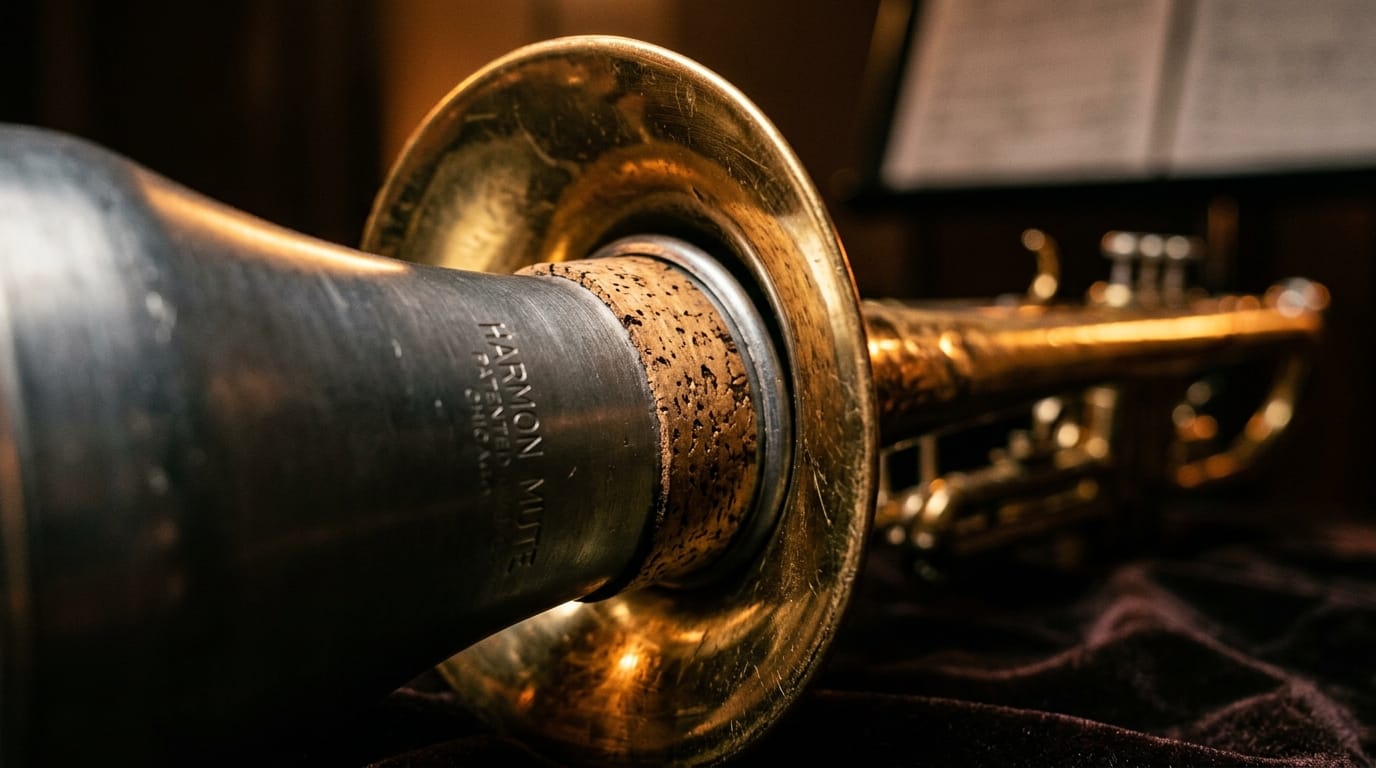 Close-up of a Harmon mute inserted into a brass trumpet bell, showing cork grip and metallic finish.