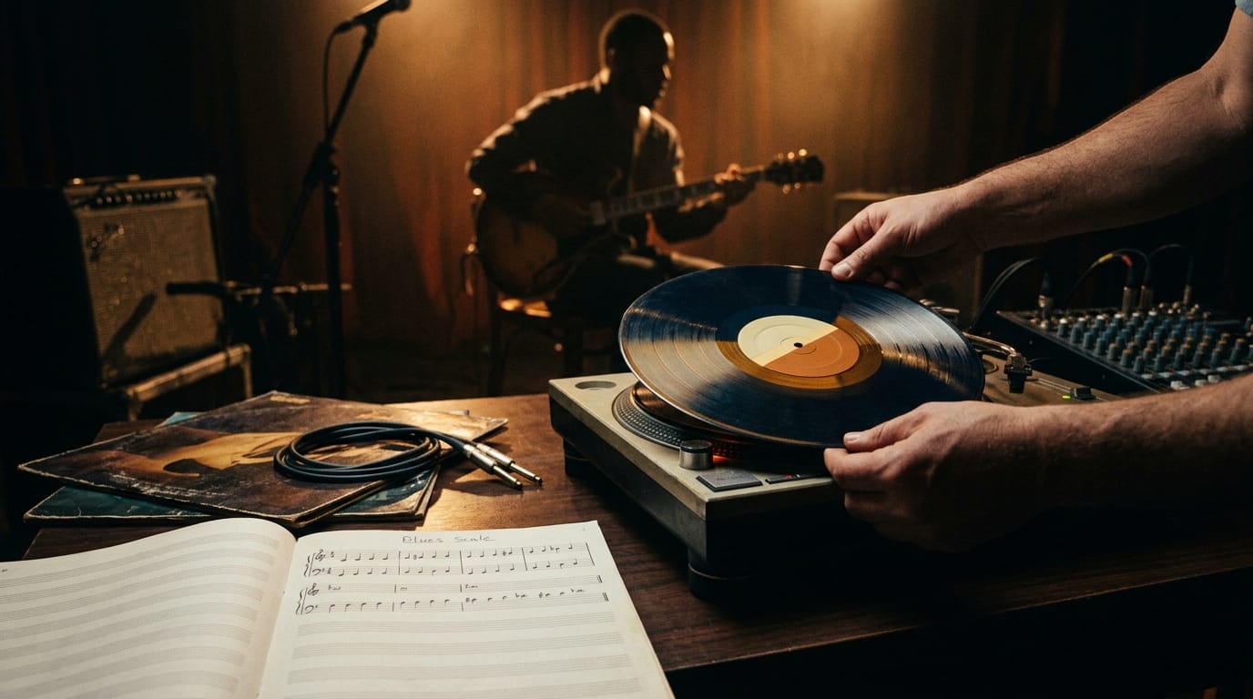 Blues scale notation for jazz guitar and piano