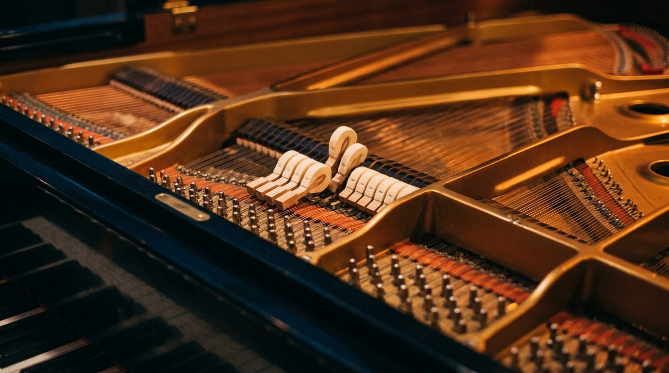Close-up of piano hammers and dampers inside grand piano, soft stage lighting