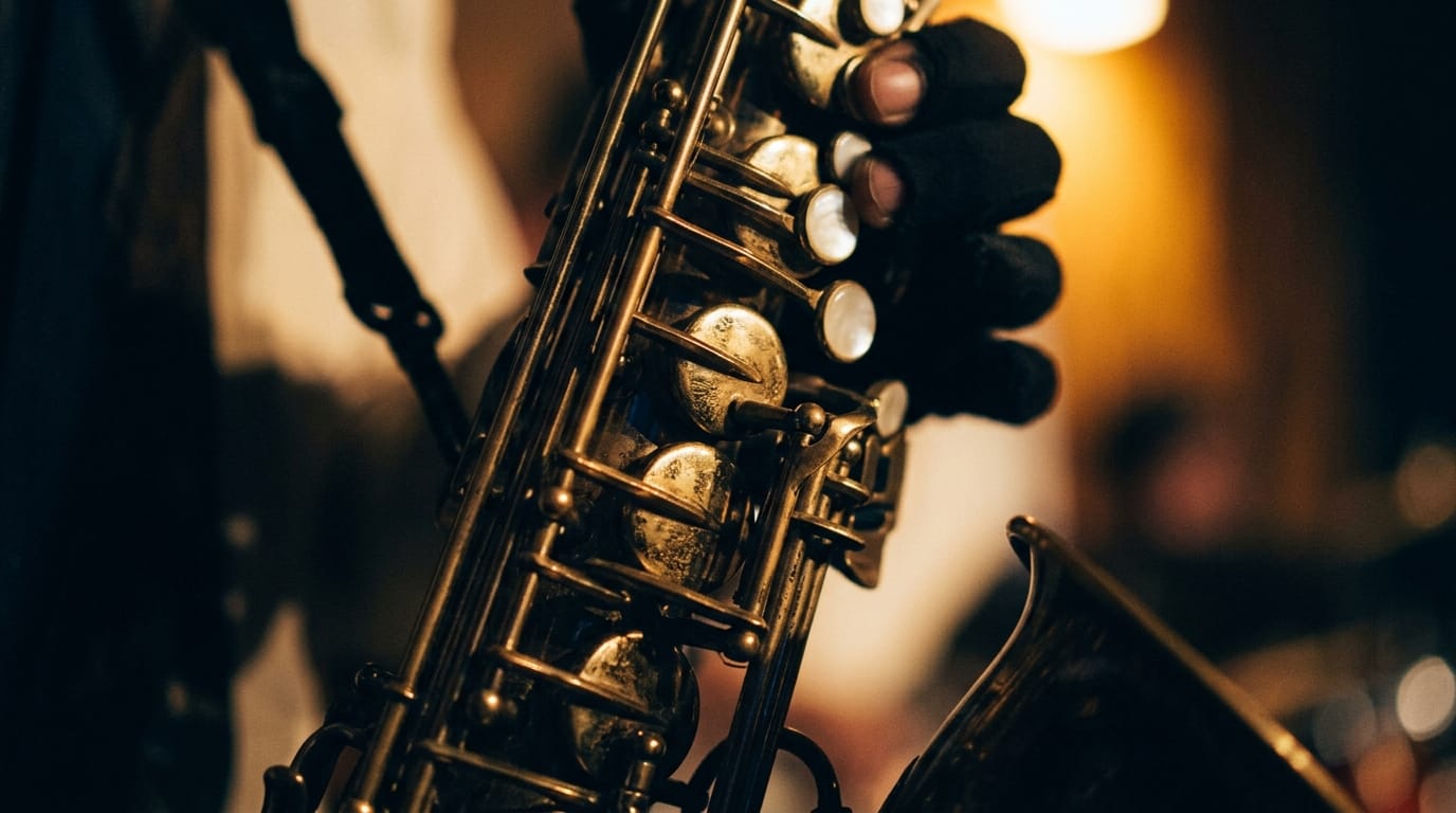 Saxophone keys in extreme close-up with shallow depth of field, moody low-key lighting