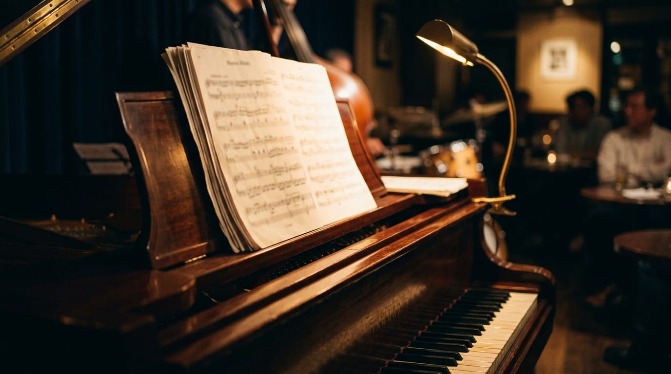 Sheet music on piano stand, notation blurred out of focus, warm amber light from music lamp