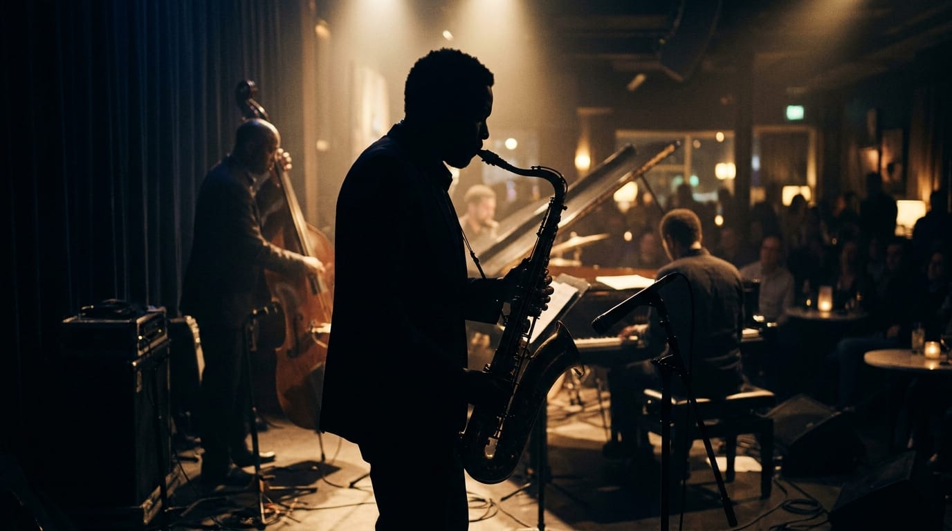 Silhouetted jazz quartet on dimly lit stage, upright bass and piano in background, saxophone soloist in foreground