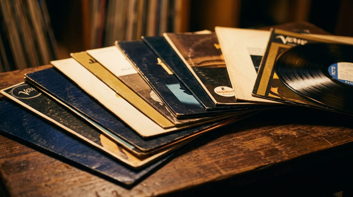 Vintage vinyl records fanned out on wooden surface, warm amber lighting, shallow depth of field