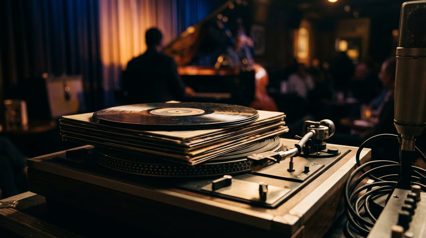 Vinyl records stacked on turntable platter, warm amber club lighting, no visible labels