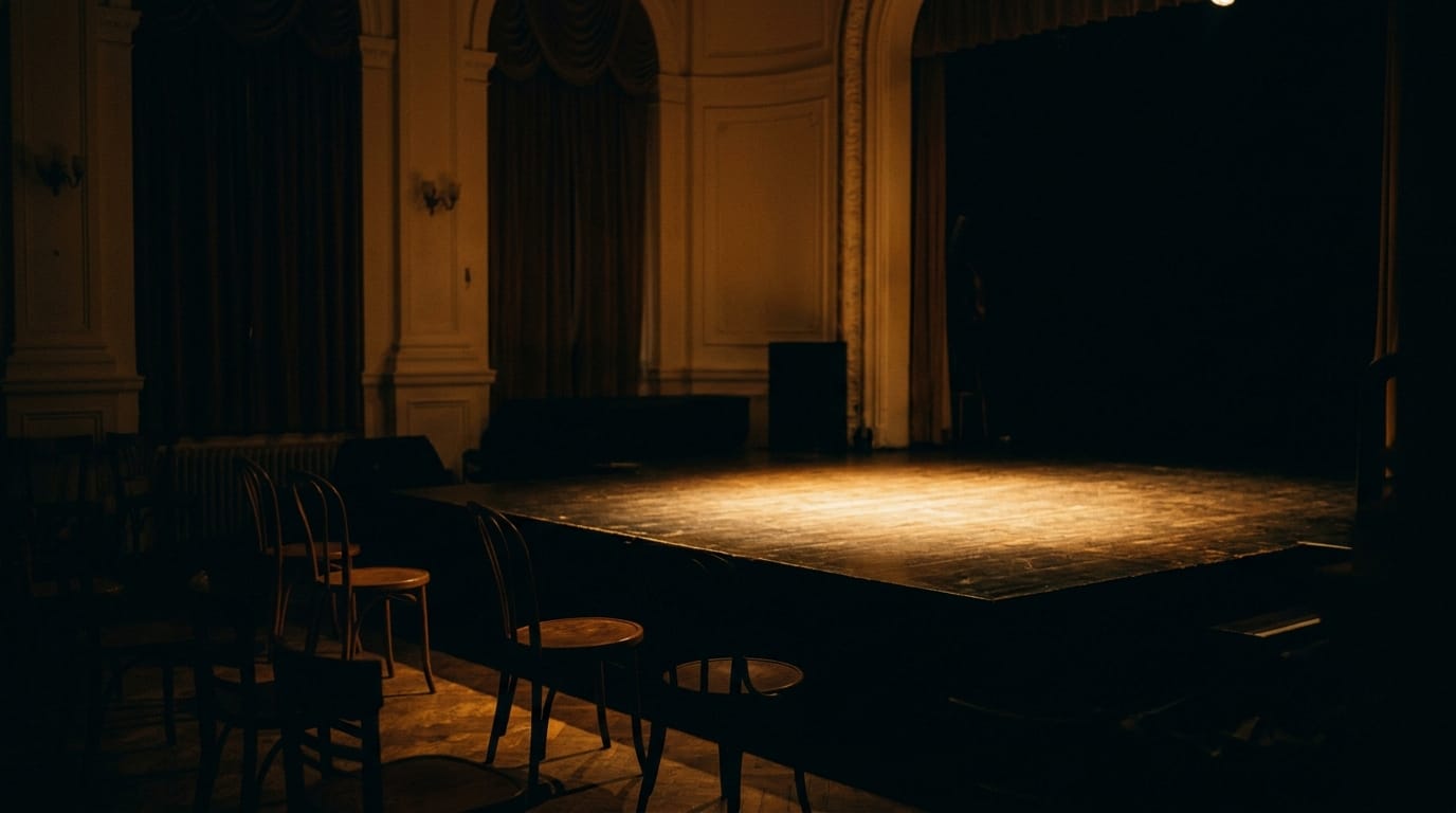 empty jazz ballroom stage with spotlight, warm lighting, vintage venue atmosphere