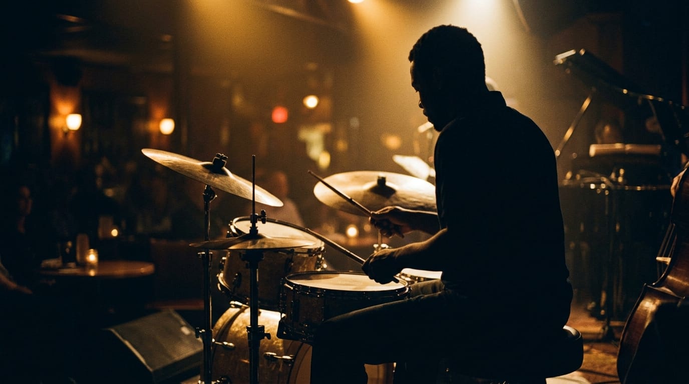 Jazz drummer performing on stage with warm golden lighting and cymbals during live performance