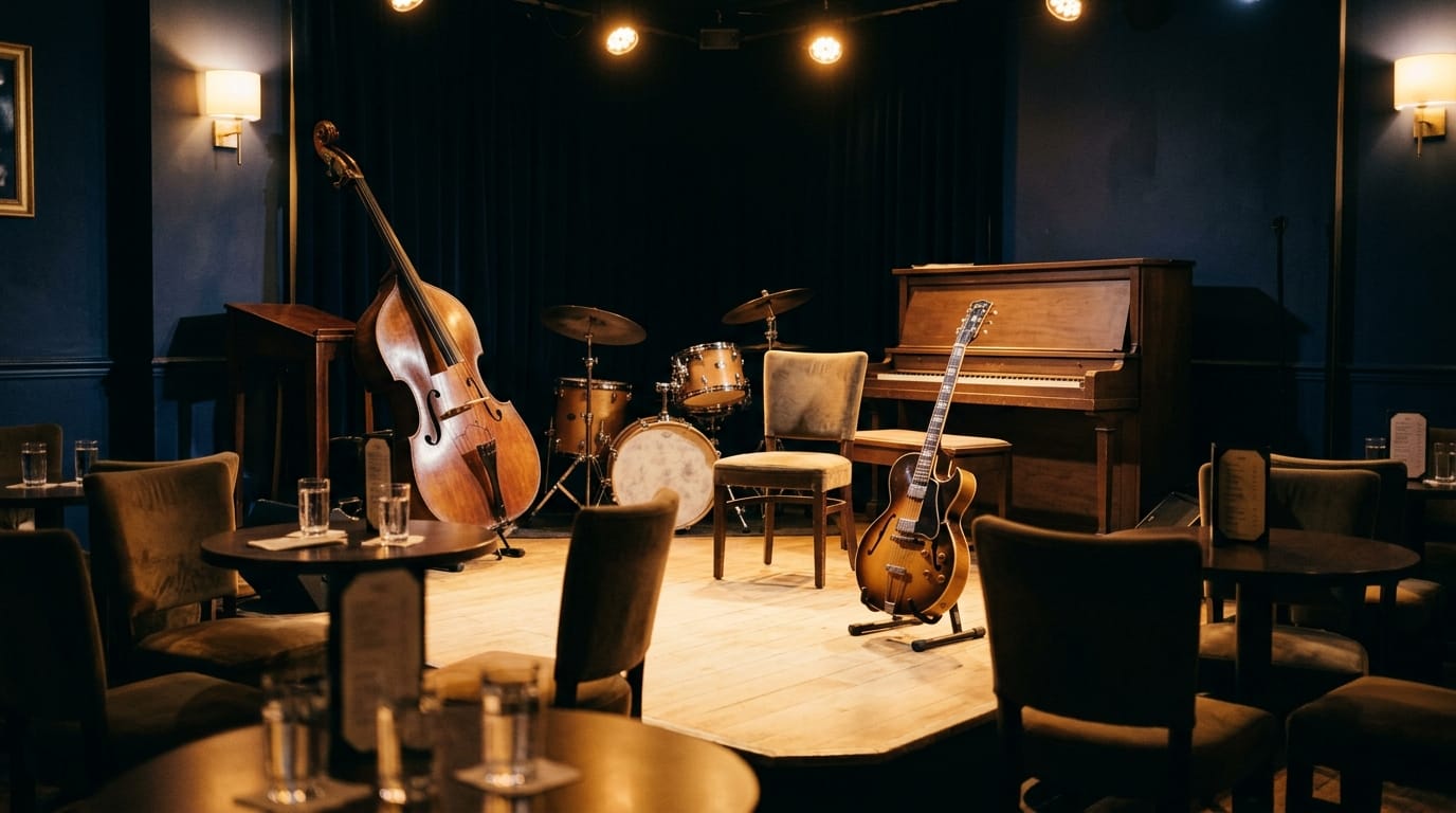 vintage jazz club stage with warm amber lighting, empty instruments on stand, intimate venue atmosphere
