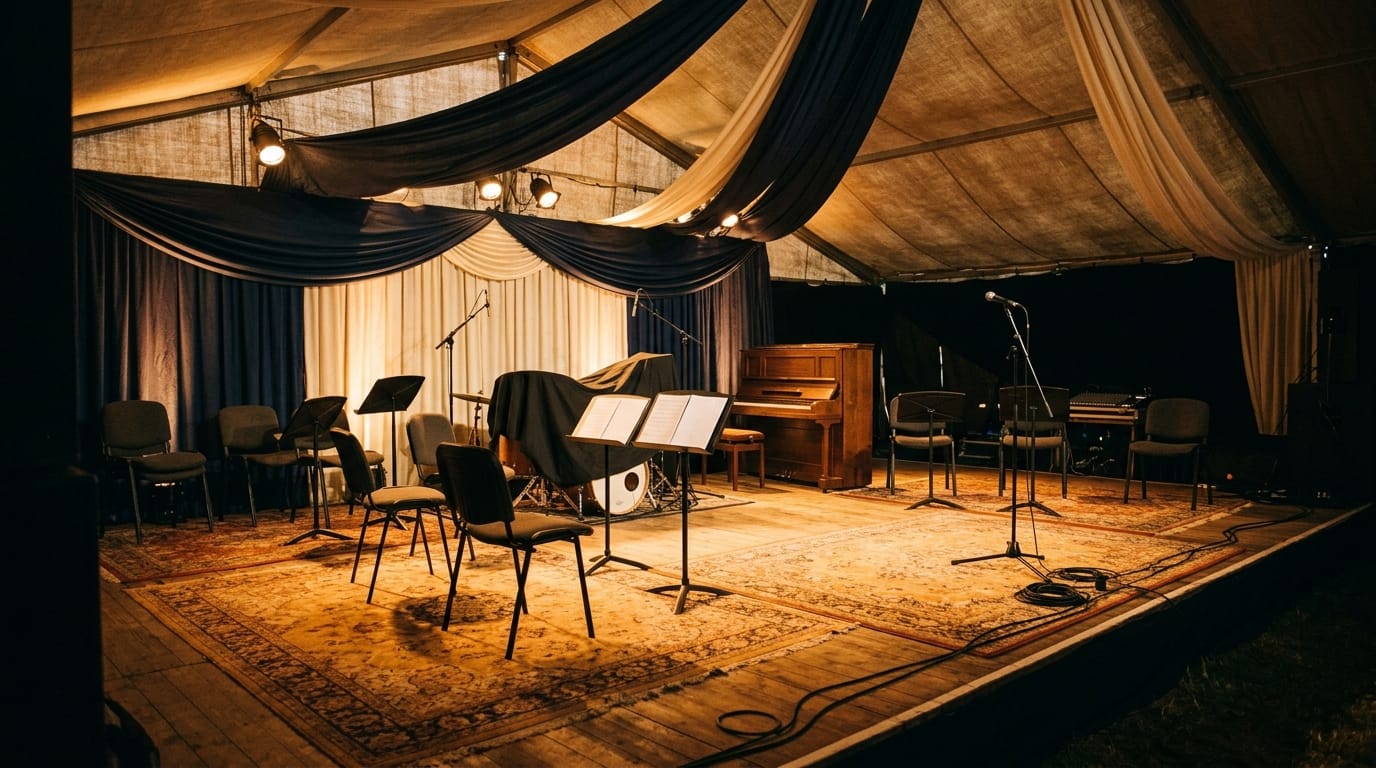 Intimate jazz performance stage with drum kit, piano, music stands, microphones, and elegant black draping