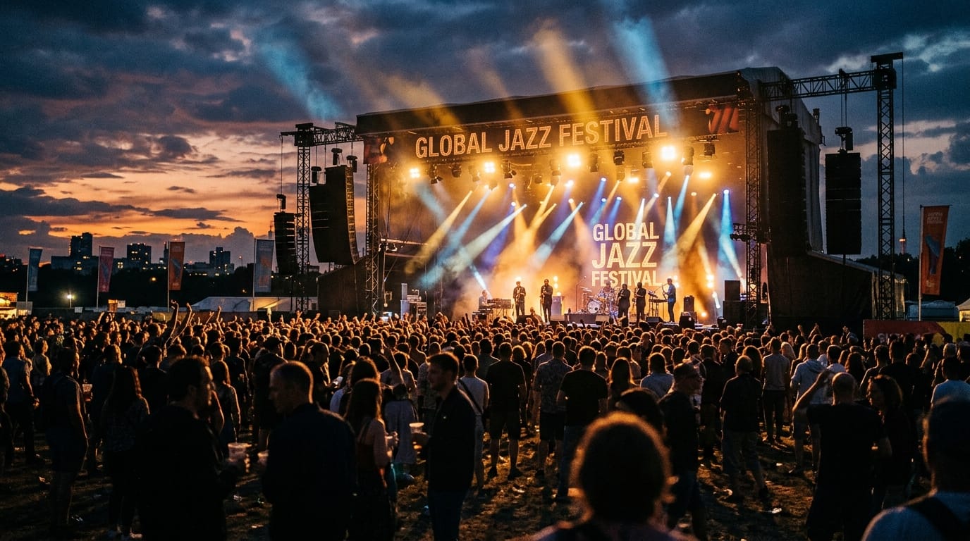 Large outdoor jazz festival stage with crowd at dusk, illuminated by spotlights and dramatic sky.