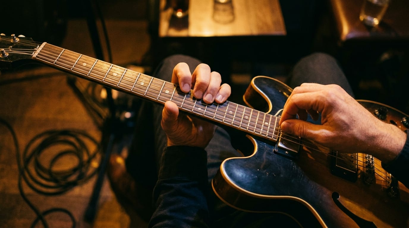 jazz-guitarist-hands-fretboard-detail