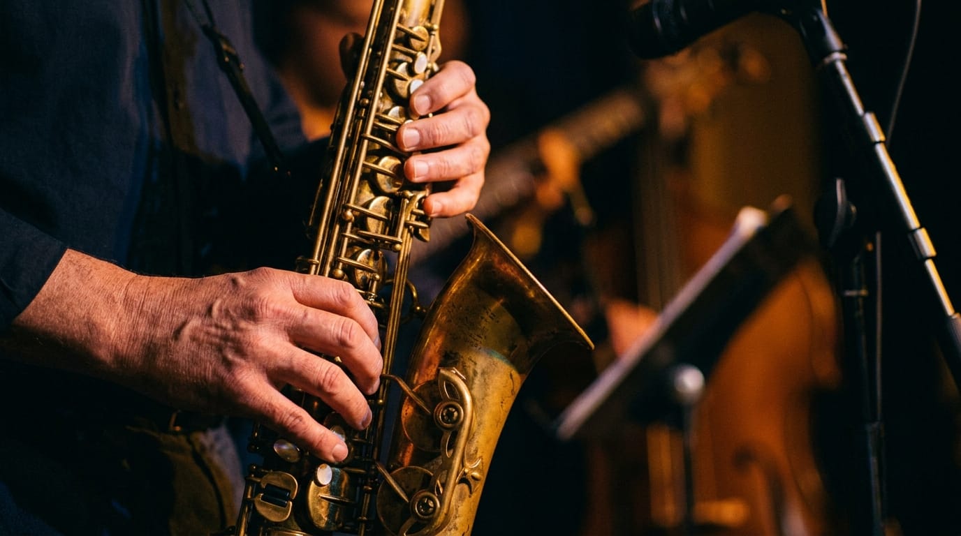 close-up of musician's hands on jazz instrument fingerboard, warm stage lighting, dramatic shadows