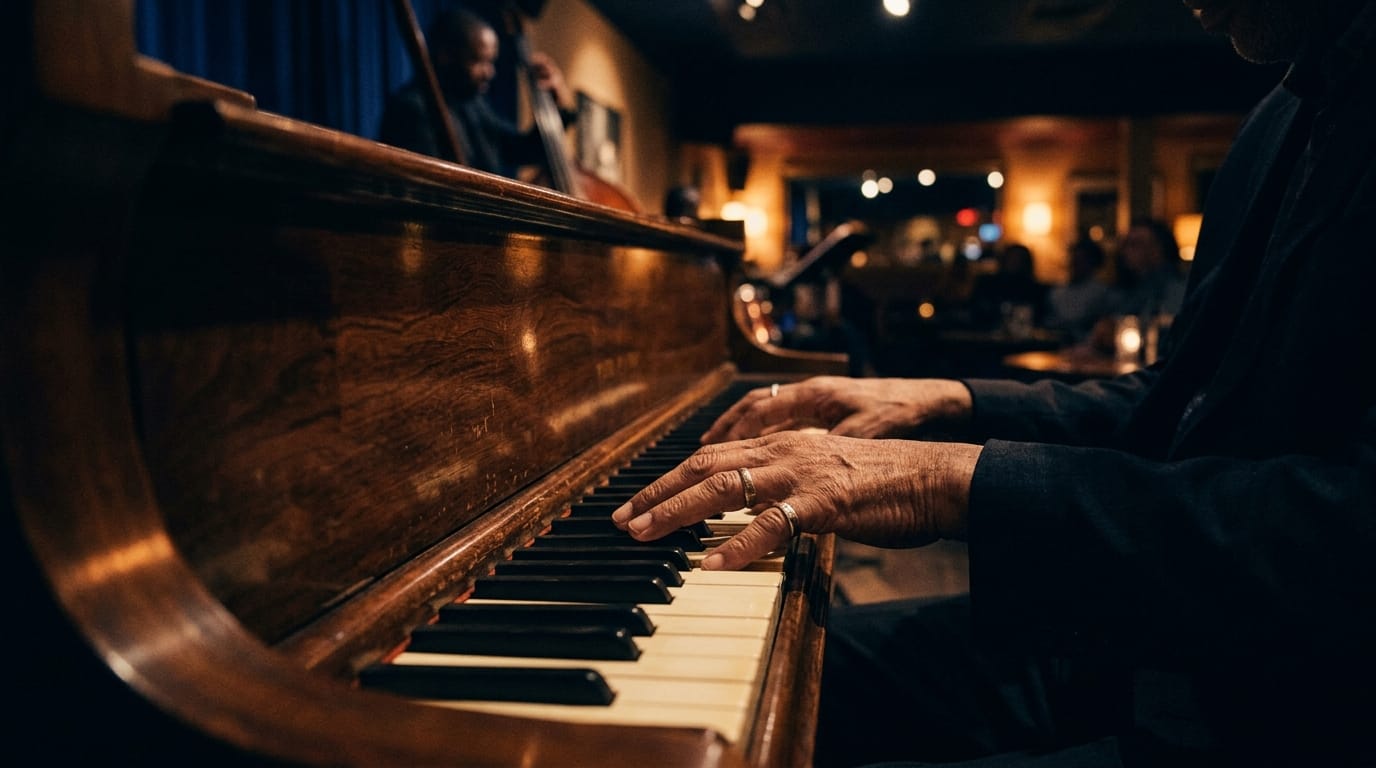 pianist hands on piano keys, jazz comping chord voicings, warm lighting