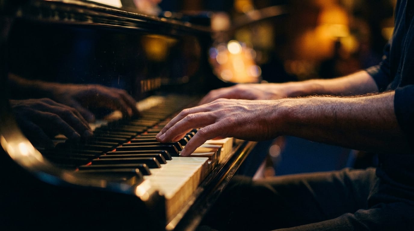 pianist hands on ivory keys with warm stage lighting and soft focus background
