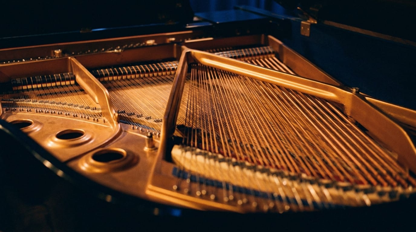 Close-up of piano interior showing strings and wooden frame