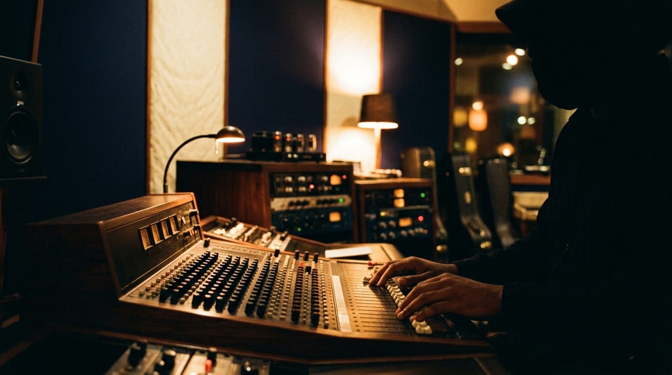 Professional music production studio with synthesizer, mixing console, and warm ambient lighting for jazz recording
