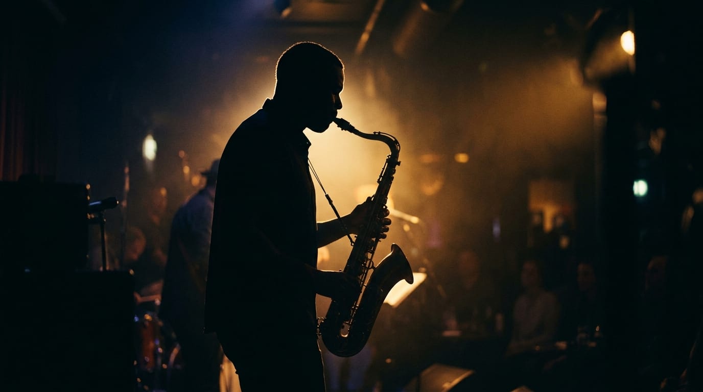 Silhouetted saxophonist performing live on stage with warm golden stage lighting and audience