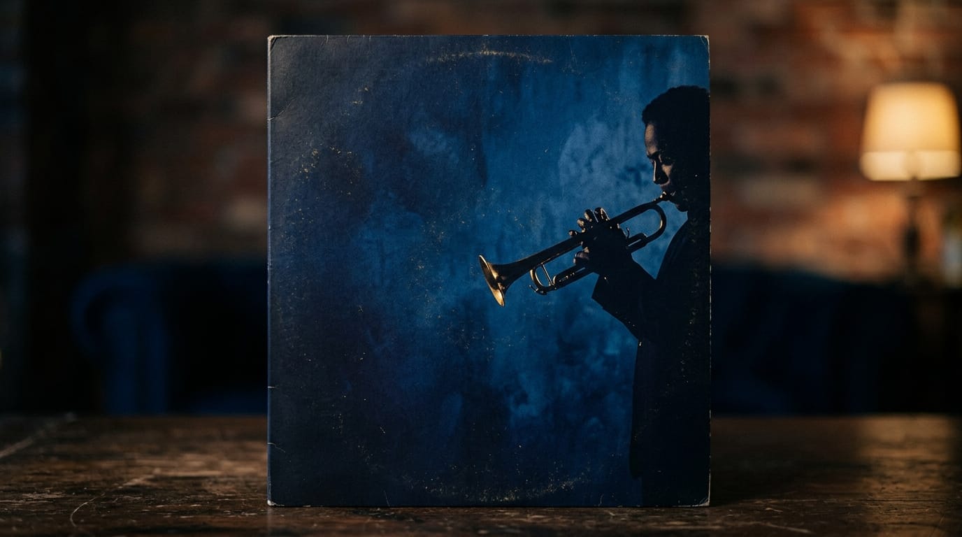 Silhouette of a trumpet player against a deep blue textured background, evoking the iconic imagery of jazz music from the 195