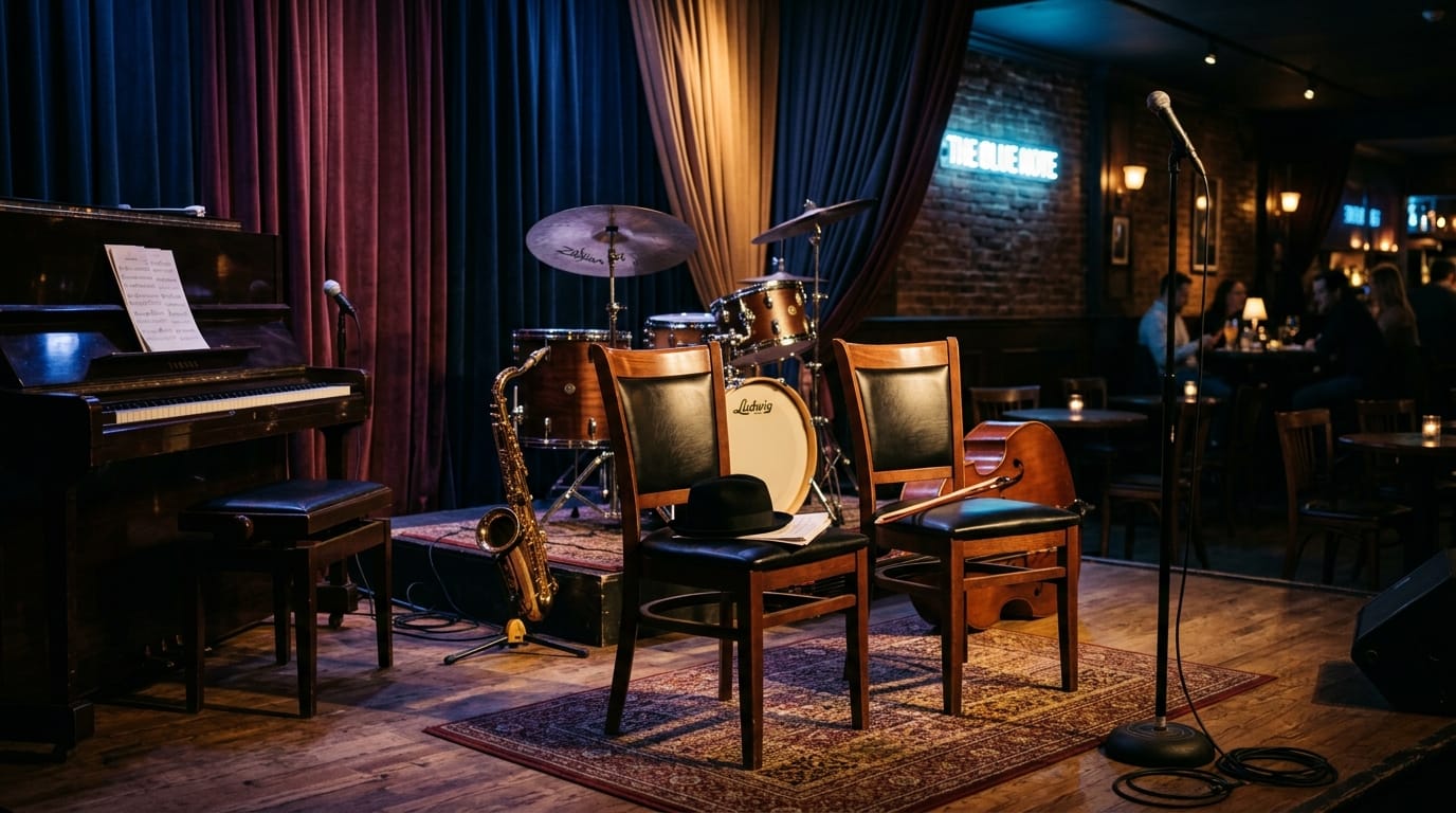 A jazz performance stage setup in an intimate venue featuring a grand piano on the left, a Ludwig drum kit in the center, a s