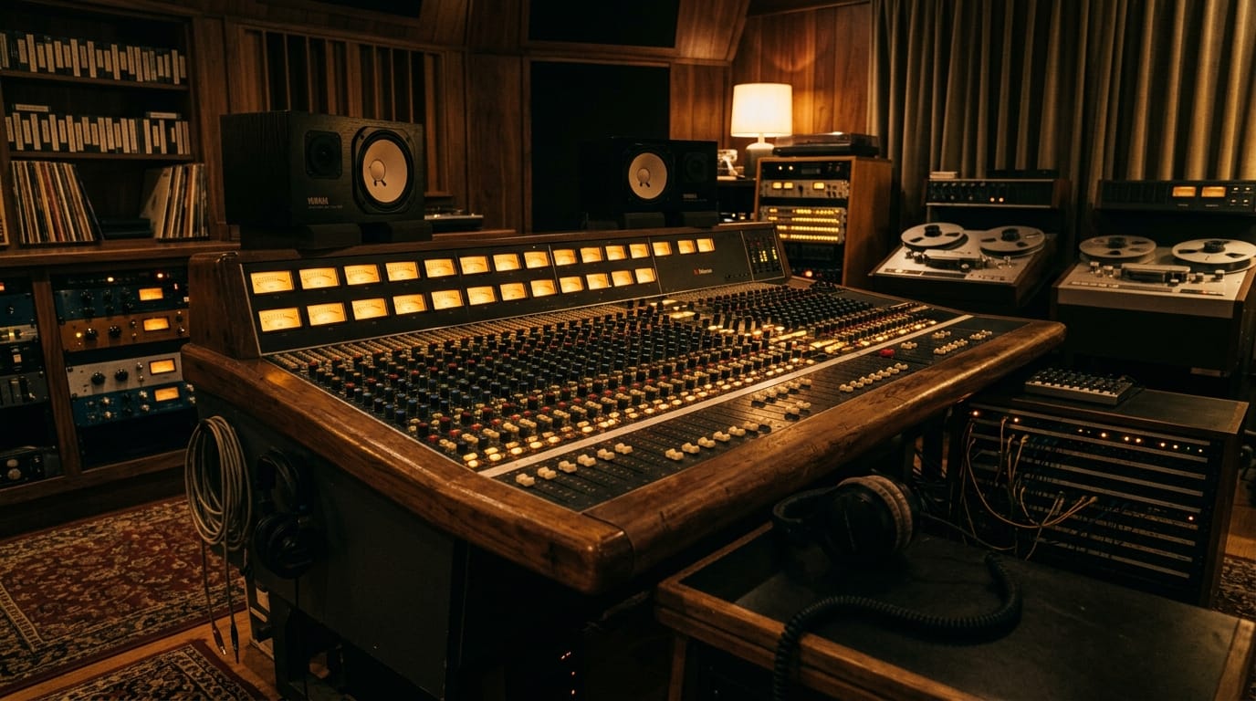 A professional recording studio with a large mixing console in the foreground, surrounded by vintage audio equipment, studio