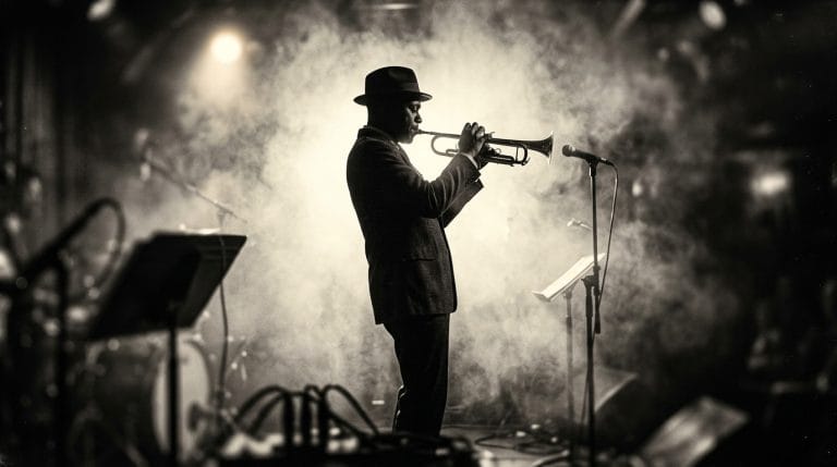 A trumpet player in a fedora hat and dark suit performs at a microphone on stage, surrounded by atmospheric smoke and dramati