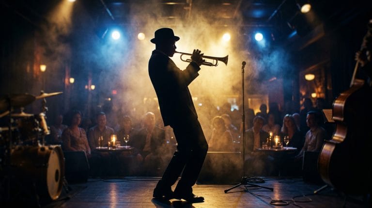 Silhouetted jazz trumpeter performing on stage with atmospheric lighting and audience seated around venue