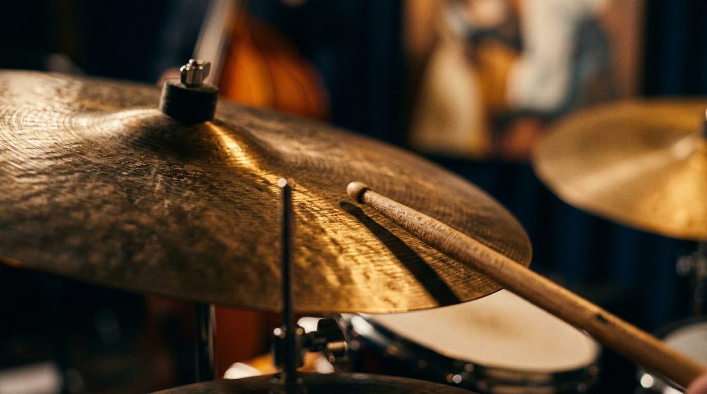 Close-up of brass cymbal with drumsticks resting on surface, warm golden lighting