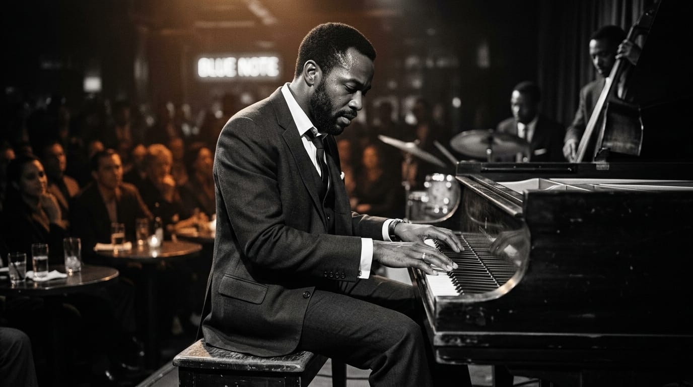 Jazz pianist performing at grand piano in formal concert setting