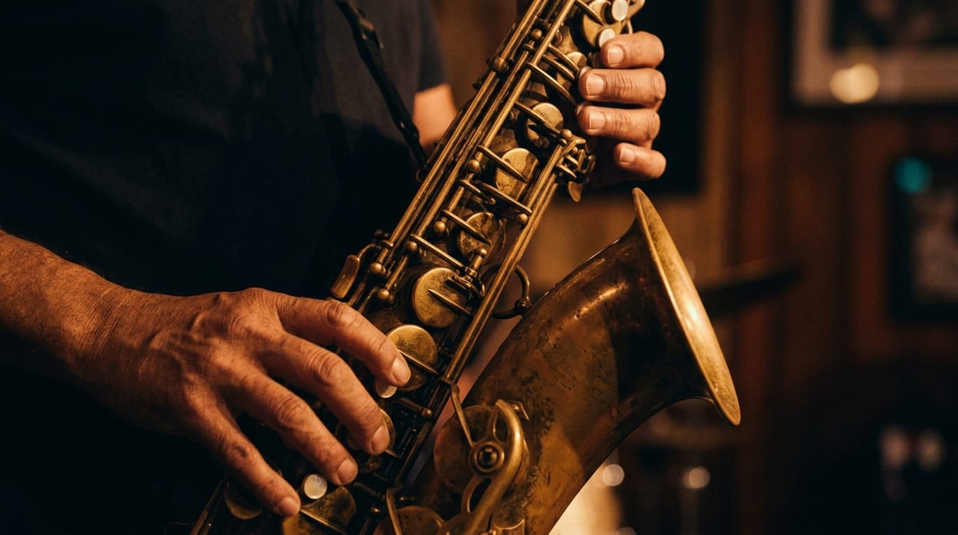 close-up of saxophone keys and valves with musician's hands, warm stage lighting reflecting off brass