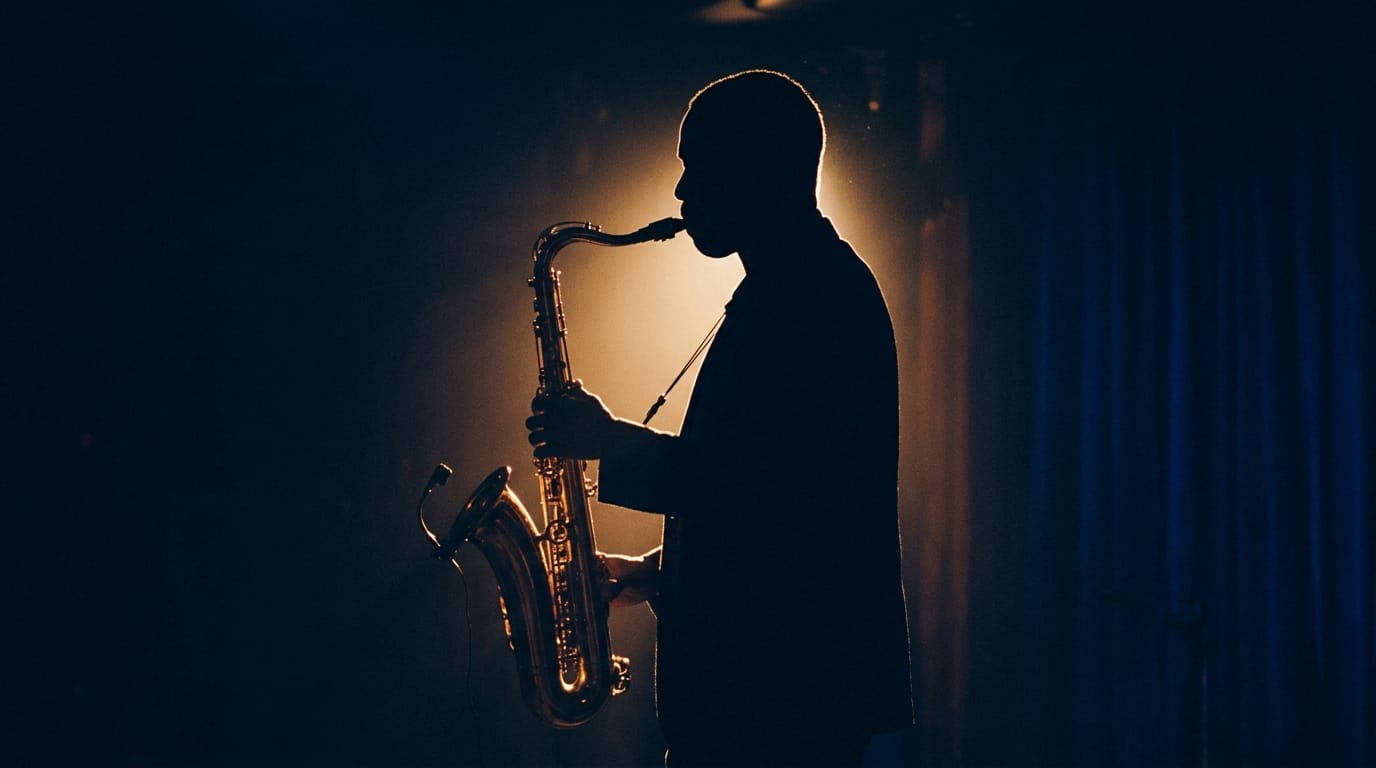 Silhouetted saxophonist performing against warm amber stage lighting with blue curtain backdrop