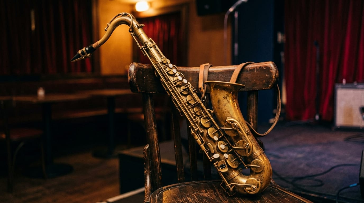 Vintage tenor saxophone resting on wooden chair in intimate jazz club with red curtains