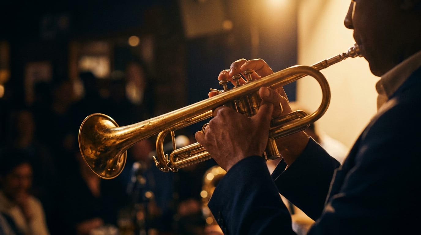 Musician playing brass trumpet with warm golden stage lighting and blurred audience in background