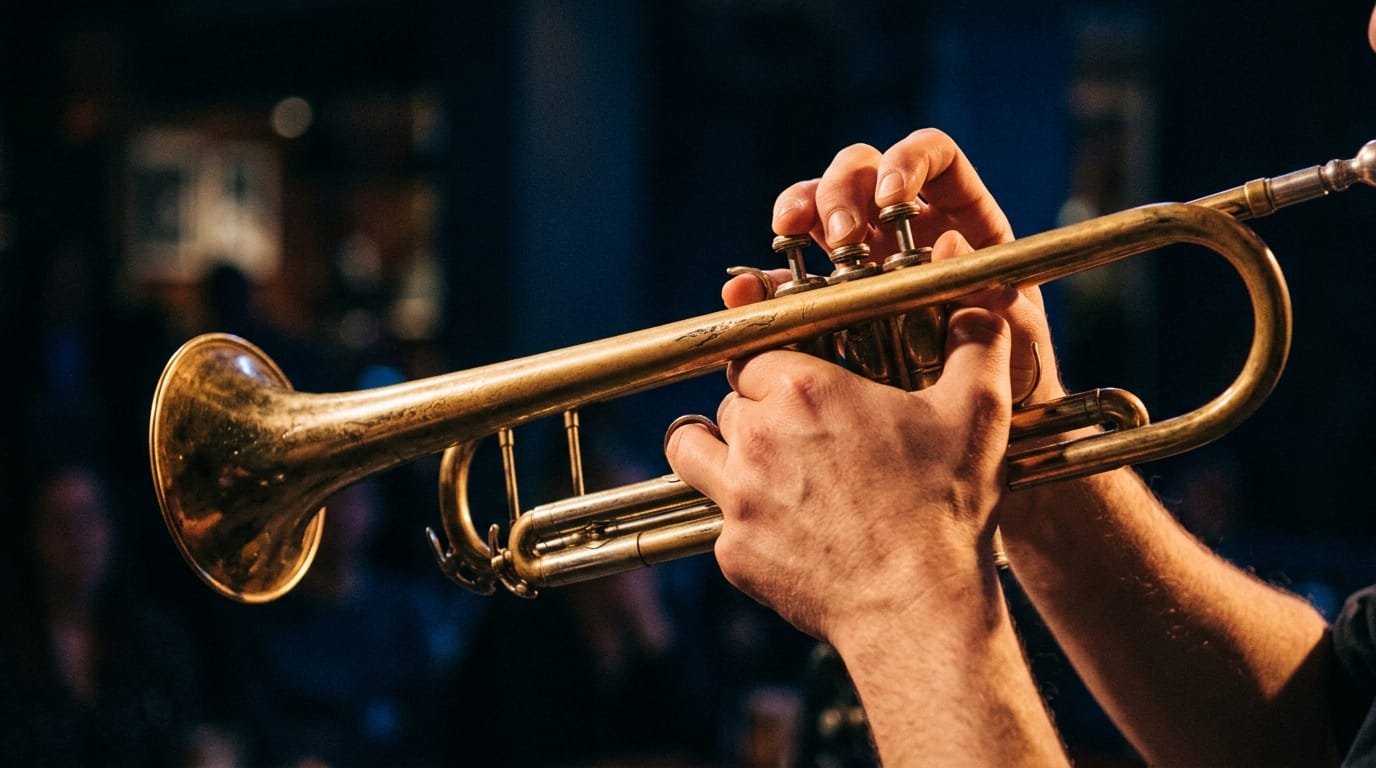 Jazz musician playing brass trumpet on stage with audience in dark background