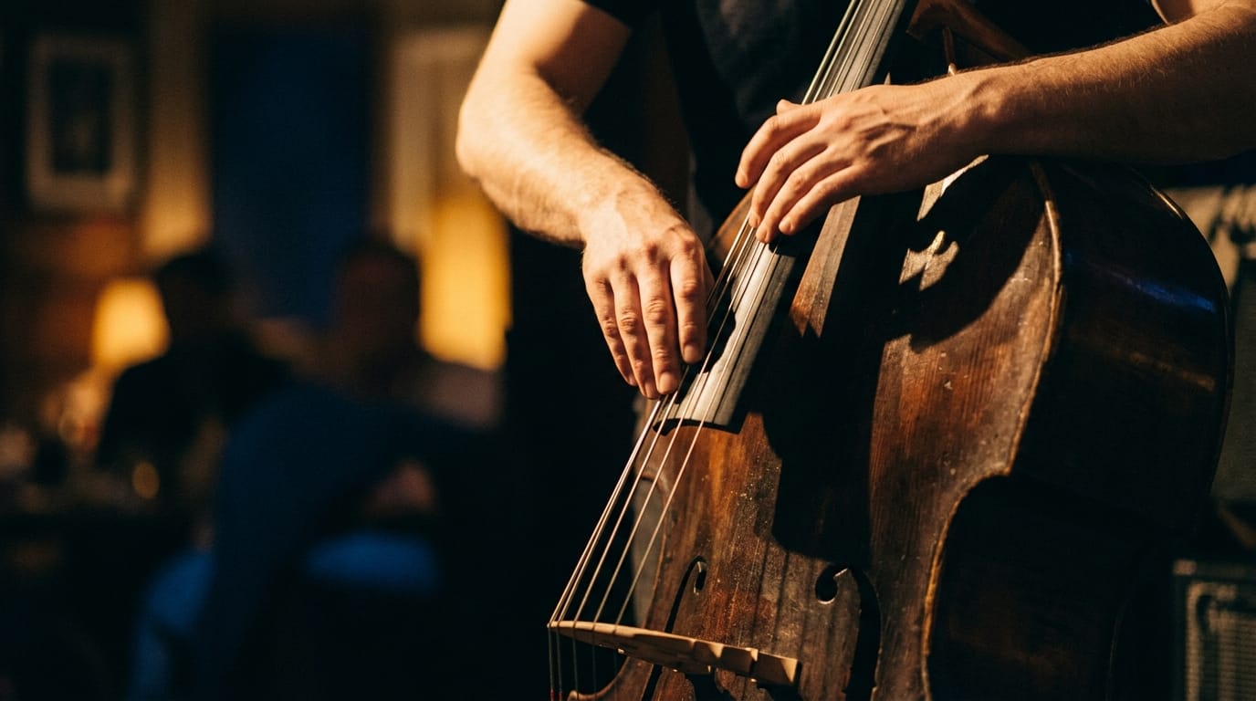 upright bass strings and fingerboard with musician's hands in warm stage lighting, jazz club atmosphere